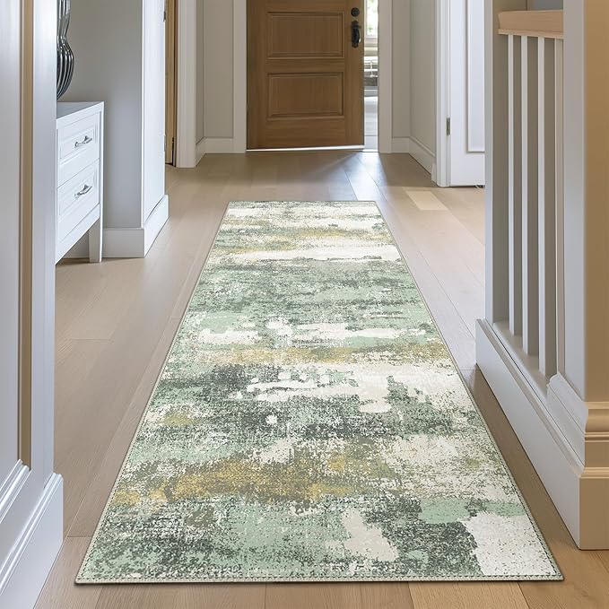 BEIMO Runner Rug for Hallway Kitchen, 2'6"x12' Machine Washable Runners Rug for Entryway, Soft Modern Abstract Throw Rugs, Low Pile Floor Cover with Non Slip Backing, Light Green