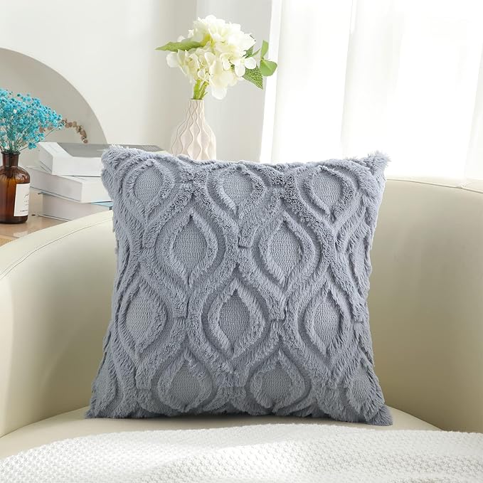 decorUhome Throw Pillow Covers 24x24 Inch Set of 2, Soft Plush Faux Wool Blue Grey Solid Couch Pillow Covers, Accent Euro Sham Farmhouse Neutral Square Pillow Cases for Sofa Bed Living Room
