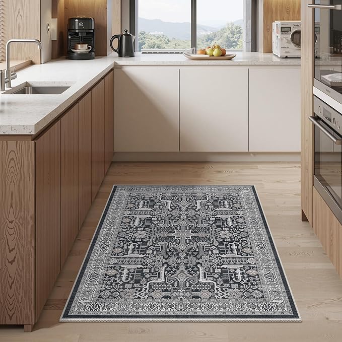 Washable 2x3 Entryway Area Rug - Small Non Slip Vintage Kitchen Runner Rugs Indoor Entrance Soft Neutral Stain Resistant Bathroom Mat Farmhouse Carpet for Bedroom Living Room Entry Laundry 2'x3' Black