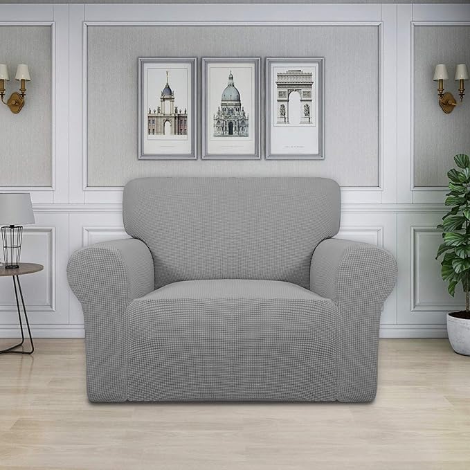 Easy-Going Stretch Oversized Chair Sofa Slipcover 1-Piece Couch Sofa Cover Furniture Protector Soft with Elastic Bottom for Kids Spandex Jacquard Fabric Small Checks Light Gray