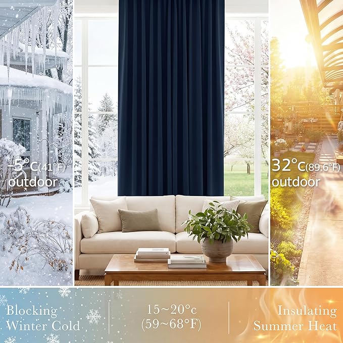 Pony Dance Blackout Curtains Thermal Insulated Window Treatment Panels Room Darkening Shade Drapes for Living Room Back Tab/Rod Pocket Bedroom Draperies, 34 x 63 Inch, Navy Blue, 2 Panels