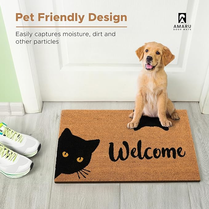 Welcome Cats - 17"x29" - Coir Door Mat with Heavy Duty Backing - Welcome Mats for Entryway, Porch - Anti-Slip PVC & Coconut Fiber Surface - Natural Home Accessories, Minimalist Original Design