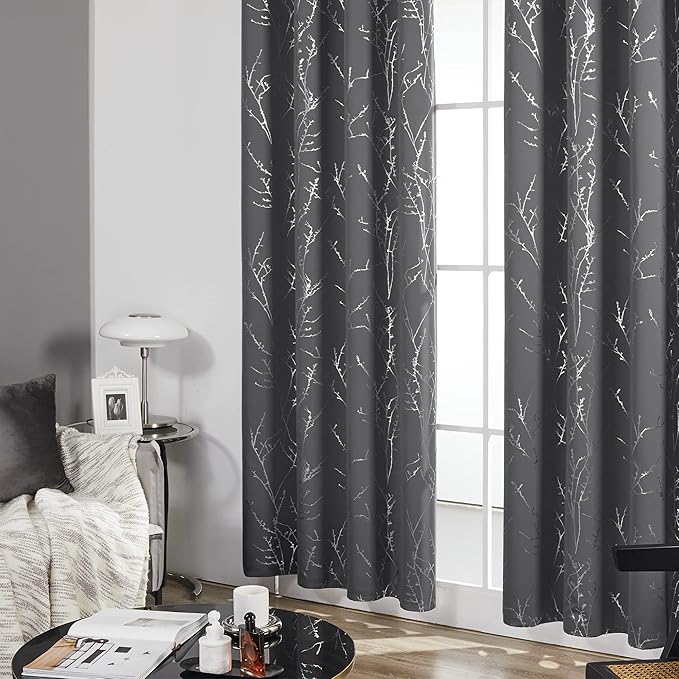 Deconovo Grey Blackout Curtains for Living Room, Thermal Insulated Soundproof Drapes, Branch Foil Print, 52 x 108 Inch Long, 2 Panels, Machine‑Washable Privacy Window Panel for Bedroom Sliding Door
