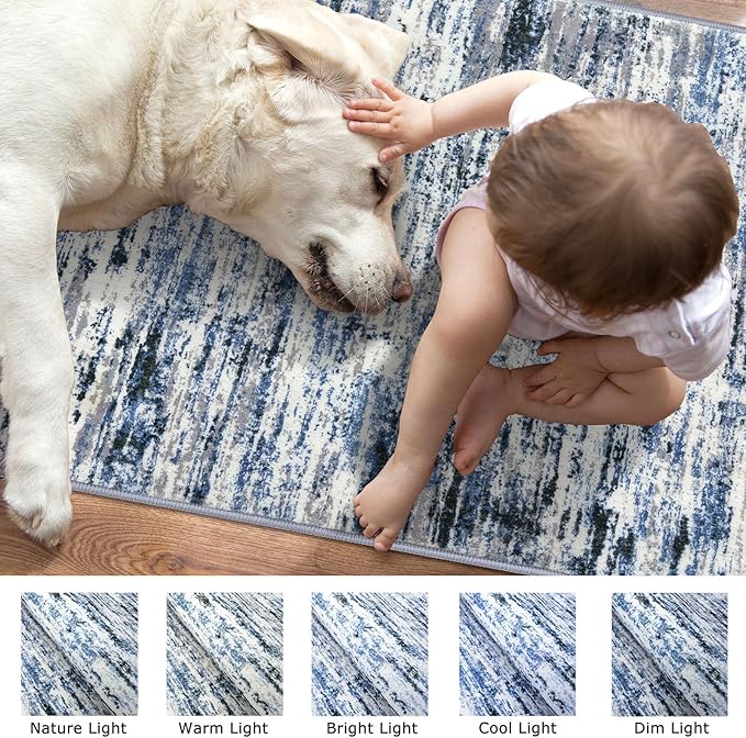 Lansny Modern Abstract 9x12 Large Machine Washable Living Room Rug Non-Slip Soft Bedroom Area Rug Grey Blue White Thin Print Faux Wool Carpet Throw Rugs for Nursery Playroom Dining Room Indoor
