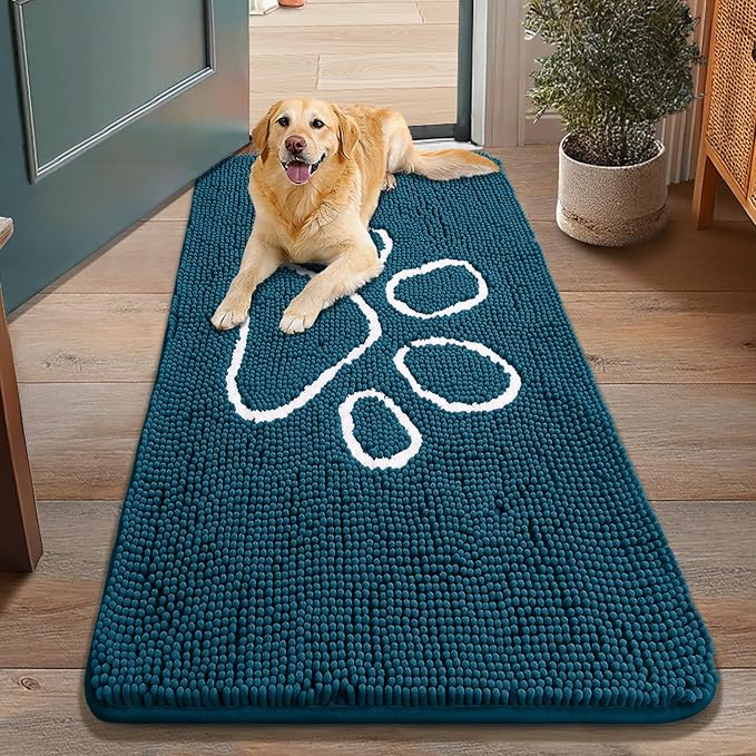 Smiry Dog Door Mat for Muddy Paws, Absorbent Dirt Trapper Non Slip Quick Dry Washable Chenille Mat for Mud Dogs, Entry Rug for Indoor and Outdoor (48x30 Inches, Atlantic Blue and White)