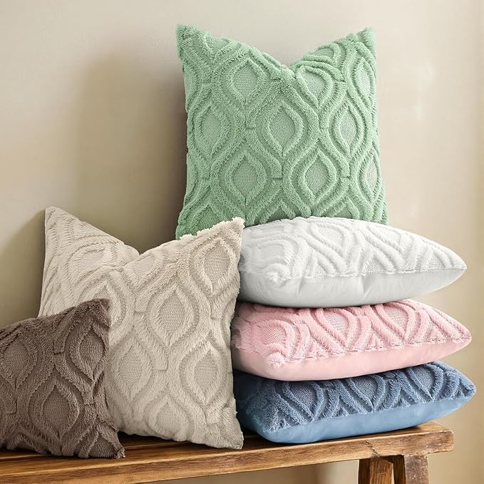 decorUhome Throw Pillow Covers 12x12 Inch Set of 2, Soft Plush Decorative Faux Fur Beige Solid Couch Pillow Covers, Accent Farmhouse Neutral Square Pillow Cases for Sofa Bed Living Room