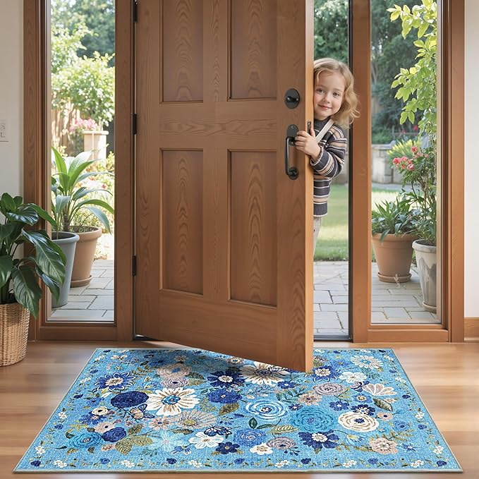 2x4 Entryway Runner Rugs, Non Slip Washable Rugs with Rubber Backing Soft Floral Carpet Runner for Kitchen, Laundry, Bedroom, Bathroom(2 x 4, Blue Garden)