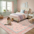 Washable Pink and Blue 6x9 Oushak Rugs for Bedroom Girls, Living Room Kids Playroom Nursery Room, Modern Floral Distressed Design, Soft Faux Wool Low Pile Non Slip Stain Resistance Carpet