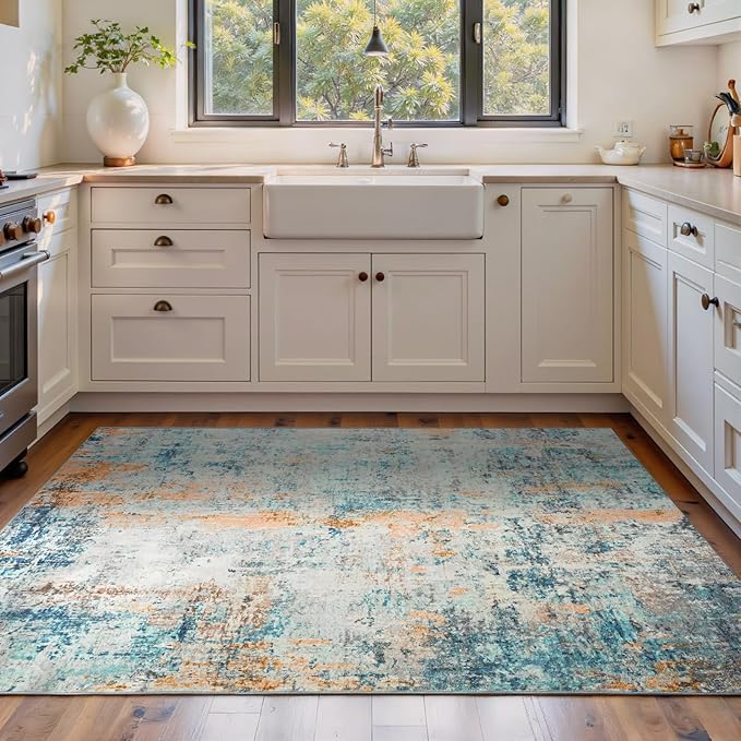 Area Rug 4x6 Blue Rug Washable Boho Rugs Non Slip Low Pile Abstract Small Carpet for Entryway, Bedroom, Kitchen, Classroom, Kids Room, Office, Dorm, Dining Room