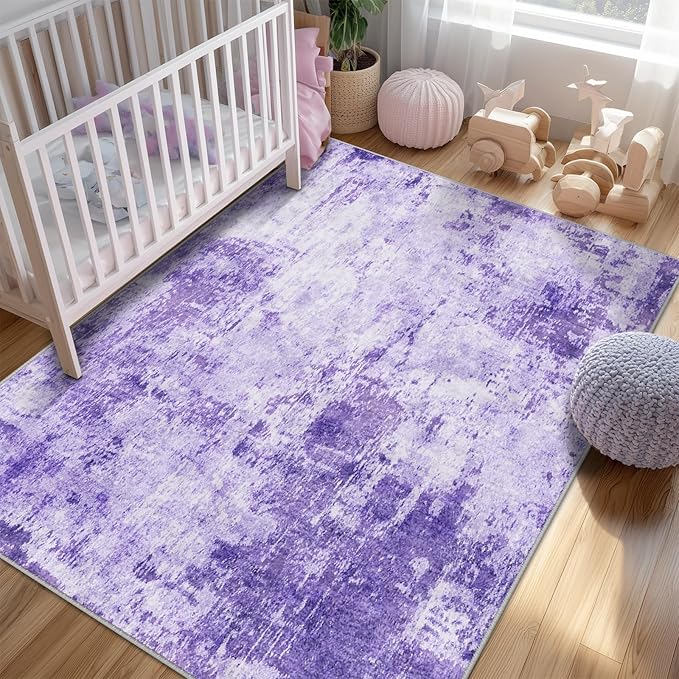 Washable Area Rugs 9'x12' Non-Slip Modern Abstract Soft for Living Room Entryway Bedroom Nursery, Print Pattern, Purple Gray Pink White