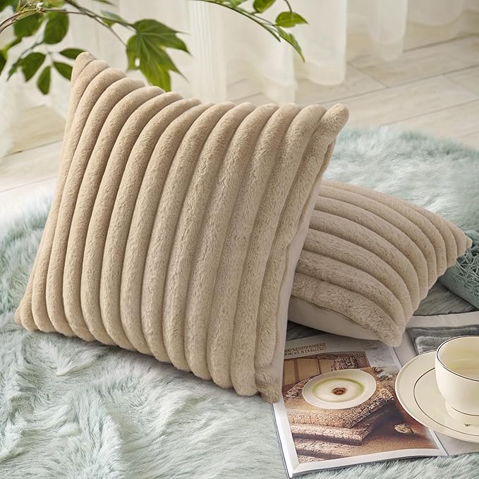 decorUhome Cozy Faux Fur Throw Pillow Covers 20x20 Set of 2 Decorative Soft Plush Striped Modern Farmhouse Boho Couch Pillow Cases with Velvet Back for Sofa Bed Living Room, Khaki Brown