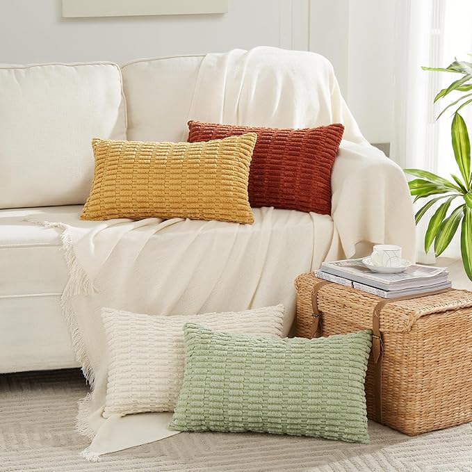 Fancy Homi 4 Packs Fall Boho Long Lumbar Decorative Throw Pillow Covers 14x24 Inch for Couch Bed Sofa, Aesthetic Modern Farmhouse Home Decor, Soft Striped Corduroy Rectangle Cushion Case 35x60 cm