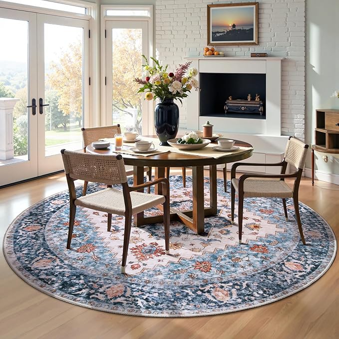 SERISSA Boho Round Area Rug, 6ft Washable Non-Slip Circle Rug, Ultra Soft Oriental Vintage Blue Orange Low-Pile Circular Carpet for Bedroom Entryway Kids Room Office College Dorm Living Room