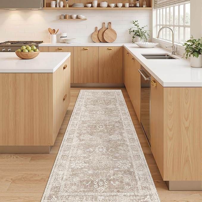 Madane 2x6 Washable Runner Rug Non-Slip, Vintage Kitchen Hallway Rug with Rubber Backing, Soft Low Pile Throw Carpet Runner for Entryway Laundry Bathroom Bedroom Living Room (2 x 6, Brown/Sand)