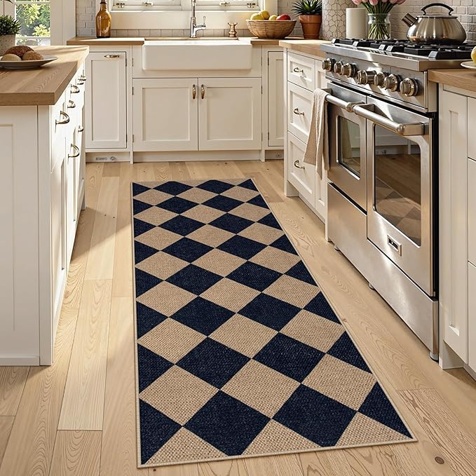 Lahome Colette Checkered Easy Jute Runner Rug, 2x6 Kitchen Mats for Floor Washable Entryway Runner, Checkerboard Black Indoor Outdoor Carpet for Hallway 6ft Entry Laundry