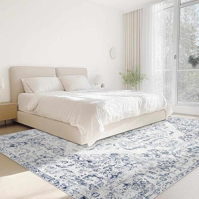 8x10 Area Rugs for Living Room: Washable Rug Vintage Large Rugs Soft Non Slip Low Pile Rug Floral Distressed Floor Carpet for Bedroom Kitchen Nursery Dining Room Home Office (Blue, 8'x10')