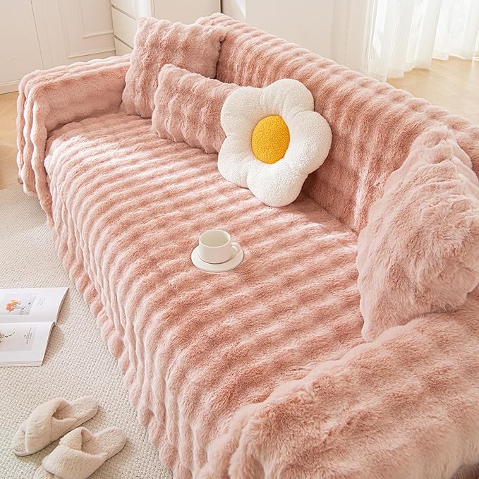 HANDONTIME Faux Fur Plush Sofa Covers for Couch Washable Rabbit Plush Couch Cover Cozy Faux Fur Sectional Covers for Dogs Fluffy Plush L Shaped Sofa Cover Pet Couch Protector, 71" X134", Pink