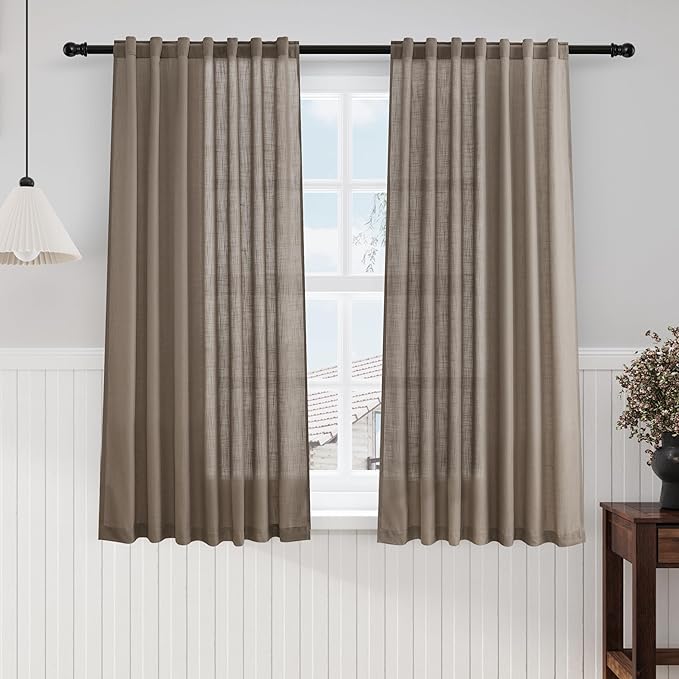 Nanspring Dark Taupe Linen Sheer Curtains 54 Inch Length 2 Panel Set Back Tab Rod Pocket Semi Sheer Light Filtering Short Curtain Soft Elegant Aesthetic Small Window Drapes for Bathroom 52x54
