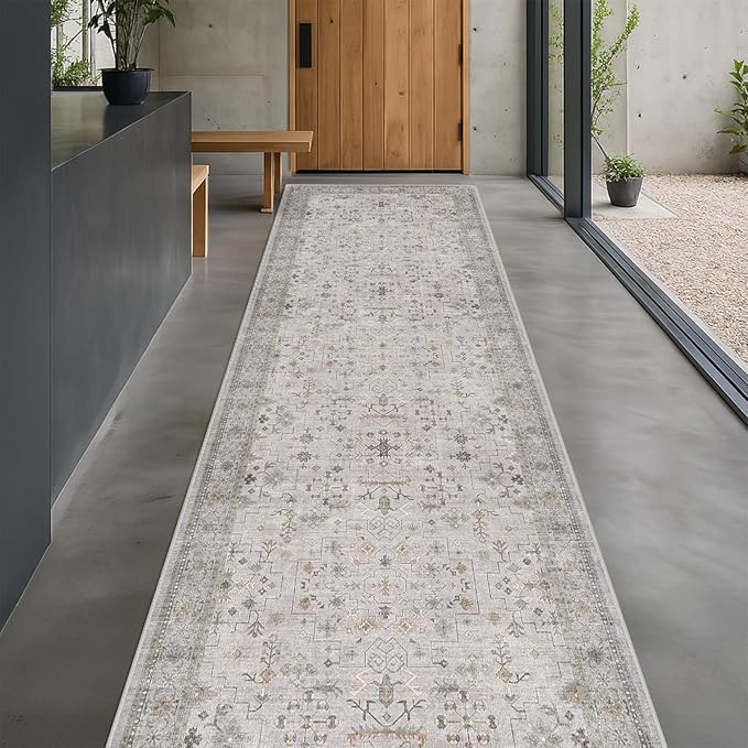 Hazo Haus Geometric 3x20 Wide Hallway Runner - Light Gray with Taupe Accent, Boho Floral Pastel Decor, Washable Low Pile Non Slip Stain Resistant Rug for Long Kitchen, Hall Way