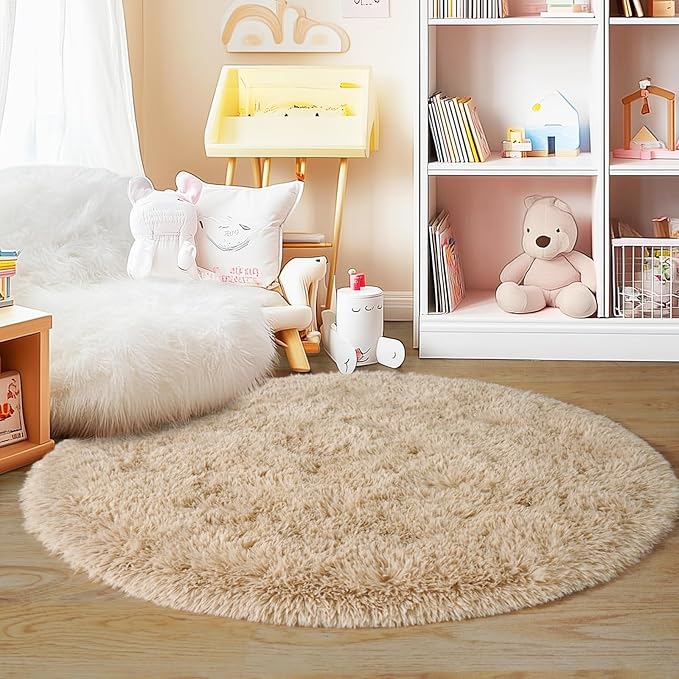4'x4' Beige Round Rug for Bedroom, Ultra Soft Fluffy Circle Rug for Kids Girls Boys Room, Cute Shag Rugs for Living Room Playroom Tent Castle Home Decor Rug