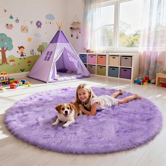 yulidayang Purple Fluffy Round Area Rugs for Bedroom,5'X5'Shag Circle Area Rugs for Girls Room,Non Slip Fuzzy Plush Rug for Kids Room Living Room and Dorm Home Decor Rug