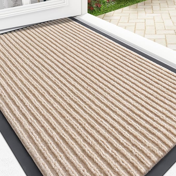 OLANLY Front Door Mat Indoor Outdoor Entrance, Waterproof Heavy Duty Doormat, Fade Resistant, Low Profile, Easy Clean Patio Porch Welcome Floor Mats for Entry, 29.5x17, Beige