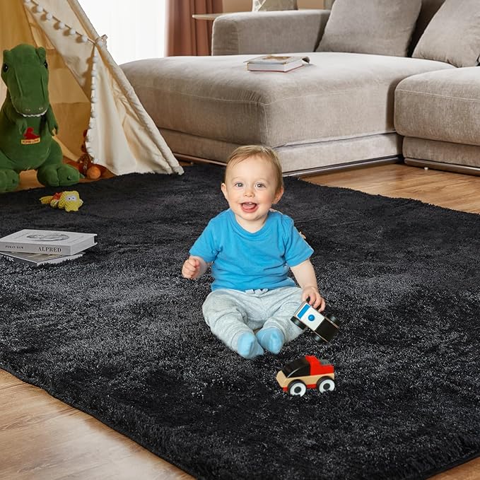 8x10 Feet Large Area Rug, Shag Fluffy Bedroom Carpet, Soft Rugs for Nursery, Furry Rugs for Girls Boys Kids Room, Extra Large Fuzzy Rug, Shag Carpet, Black