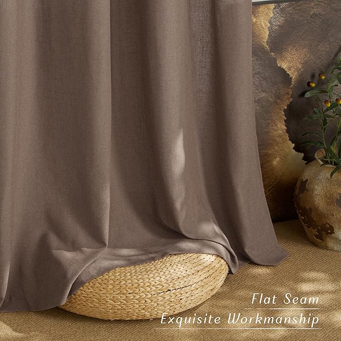 NICETOWN Linen Brown Curtains 84 inch Long, Grommet Privacy Added Thick Flax Window Treatments with Light Filtering Drapes for Bedroom/Farmhouse, W55 x L84, 2 Panels