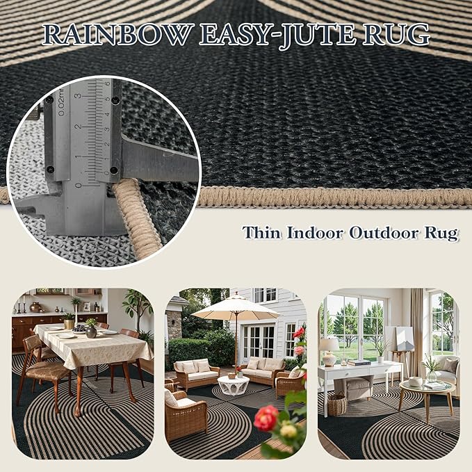 Lahome Enfys Modern Rainbow Easy Jute Rug, Washable Rugs 8x10 for Living Room Indoor Outdoor Patio Farmhouse Large Carpet, Contemporary Non Slip Black Carpet for Bedroom Backyard Office Decor