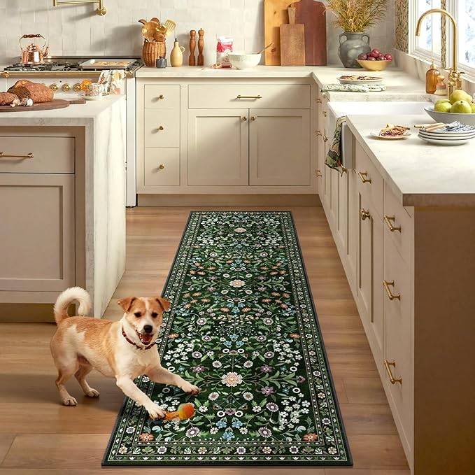 Yamaziot Washable Runner Rug 2x8 – Boho Non Slip Floral Hallway Runner Rug with Rubber Backing, Low Pile Distressed Carpet for Kitchen, Laundry, Bedroom, Entrance, Colorful Green