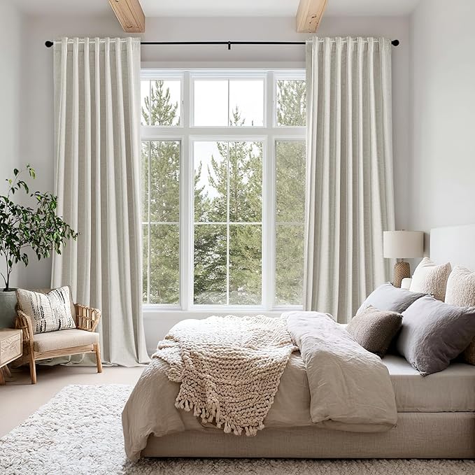 MIULEE 100% Blackout Linen Curtains for Bedroom, Light Cream Solid Luxury Decor Thermal Insulation Room Darkening Drapes for Living Room Nursery Back Tab Rod Pocket 42 x 63 Inches, 2 Panels
