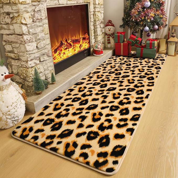 Amearea Soft Leopard Runner Rugs for Hallway, 2x6 Feet Cheetah Print Bedroom Bedside Rugs, Washable Fluffy Indoor Animal Runner Rug Carpet for Entrance Kitchen Kids Teen Room Living Room Decor, Khaki