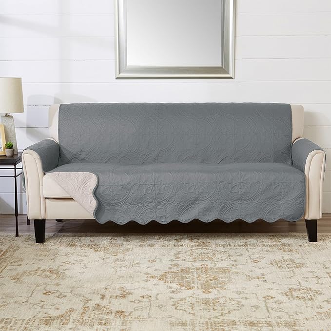 Great Bay Home Reversible Sofa Cover - Washable Slipcover Furniture Protector with Elastic Straps - Perfect for Kids & Pets - Quilted & Stitched Detail (Mirage Gray/Flax)