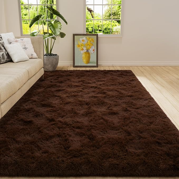 Amearea Shag Fluffy Area Rug for Bedroom Girls Living Room, Extra Soft and Fuzzy Shaggy Rugs, Non Slip, Solid Color Carpet Mat for Boys Nursery Home, Brown 5.3x7.5 Feet