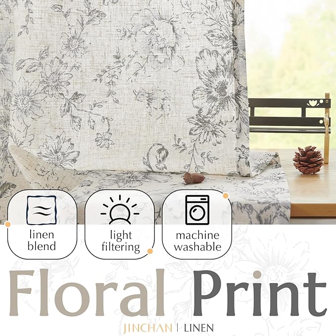 jinchan Linen Blend Curtain Floral Curtains for Living Room 63 Inch Length Grey Printed Curtain Rod Pocket Back Tab Farmhouse Peony Flower Patterned Drapes Bedroom Window Curtains Set 2 Panels