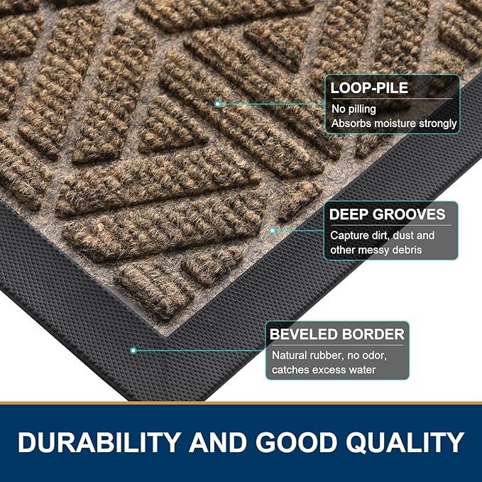 Smiry Front Door Mat Outside Entrance, Heavy Duty Sturdy Natural Rubber Doormat, Trap Dirt and Moisture, Easy Clean Low Profile Mats for Indoor Outdoor Entry, Grid Geometric (47x23, Brown)