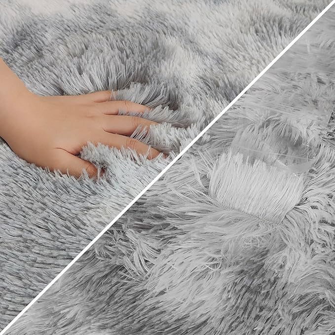 Super Soft Fluffy Living Room Area Rug 2x10 ft Tie-Dyed Light Grey Shaggy Furry Carpet Washable Non-Slip Floor Rugs Bedroom Bedside Nursery Rug Fuzzy Boys Girls Dorm Home Decor Aesthetic