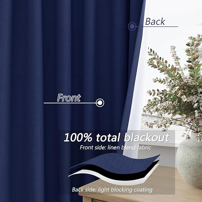 Guken 100% Blackout Curtains 108 Inch Length 2 Panels Set for Living Room Bedroom Back Tab Thermal Insulated Black Out Linen Drapes Room Darkening Window Curtains 108 Inches Long,Classic Blue