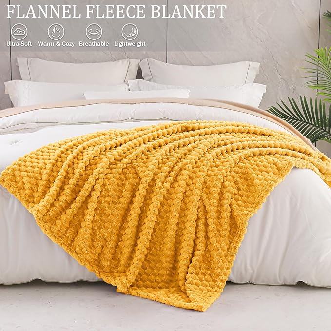 Exclusivo Mezcla Fleece Queen Blanket for Bed, Extra Large Fuzzy Mustard Yellow Bed Blankets, Soft Cozy Plush Sofa Throws for All Seasons, 90x90 Inches