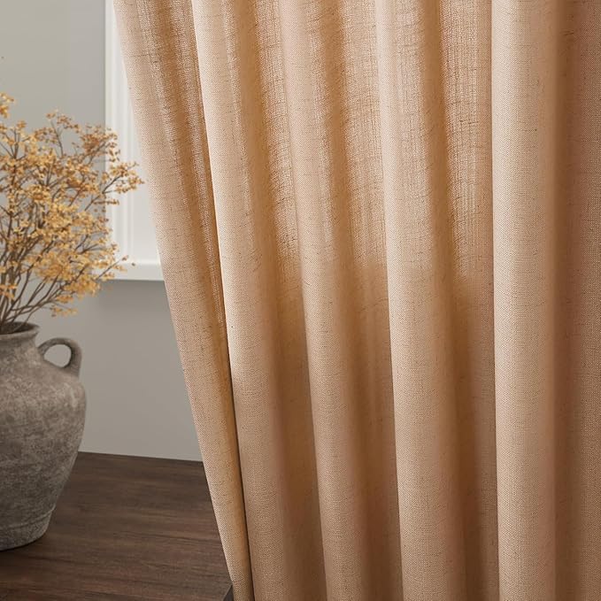 Nanspring Camel Linen Curtains for Living Room Extra Long 112 Inches Long Back Tab Light Filtering Semi Sheer Curtain Vintage Rustic Decor Floor to Ceiling High Window for Bedroom 52x112, 2 Panels