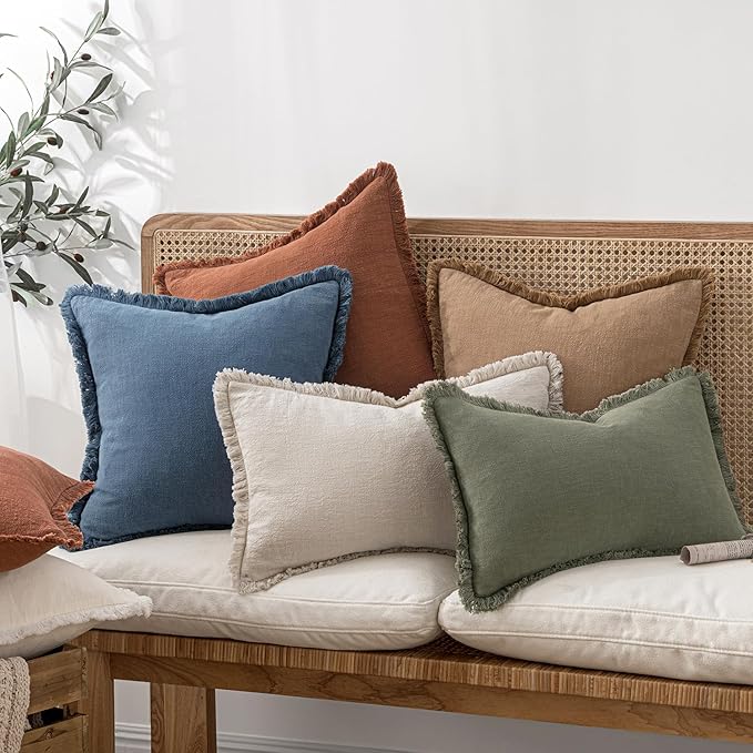 MIULEE Decorative Throw Pillow Covers Neutral Linen Fringe Throw Pillows Set of 2 Blue Ashes Boho Farmhouse Cushion Covers with Tassels for Couch Sofa Bed Spring Home Decor 20x20 Inch