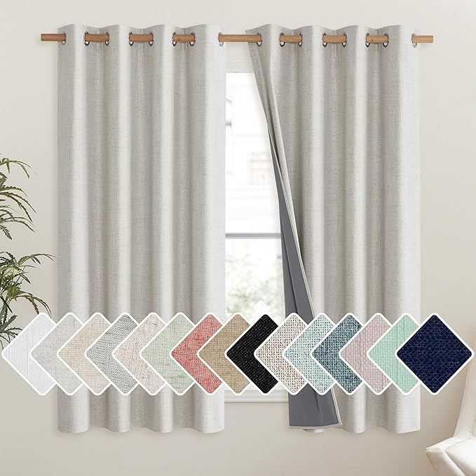 NICETOWN Snowbound Vintage Linen 100% Blackout Curtains for Living Room, Thermal Insulated Curtains 63" Long, Noise Reducing Window Treatment Drapes for Hall Room, 52" Wide Per Panel, Set of 2