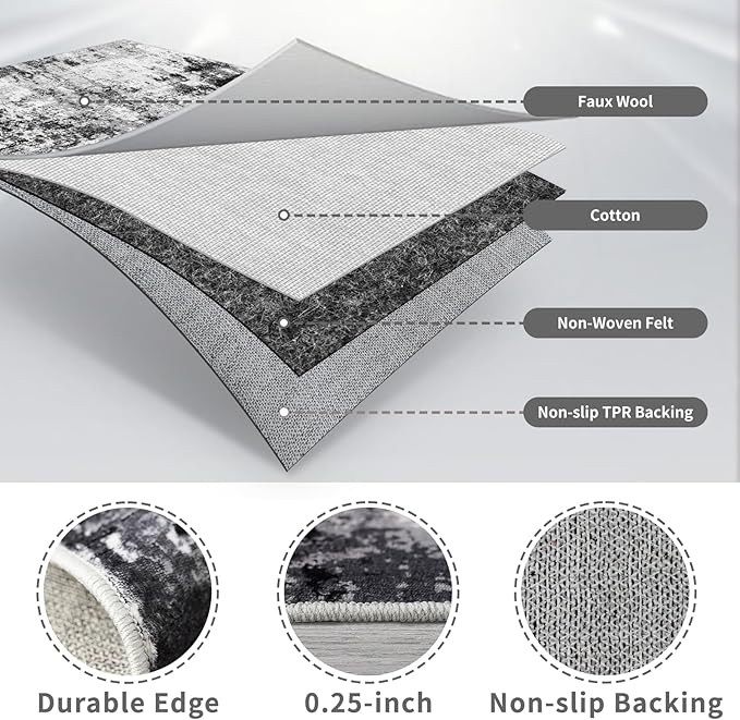 2x6 Washable Runner Rugs for Hallway: Easy-to-Clean Abstract Runners for Entryway Bedroom - Stain and Water Resistant Rugs with Non-Slip Backing - Soft Low-Pile Carpet Black Grey