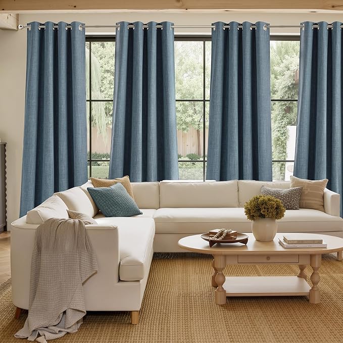 NICETOWN Faux Linen Mist Blue Blackout Curtains 84 inches Long for Living Room - Privacy Panels for Bedroom, Modern Farmhouse Style Easy Care Grommet Top, 2 Panels, W52 by L84