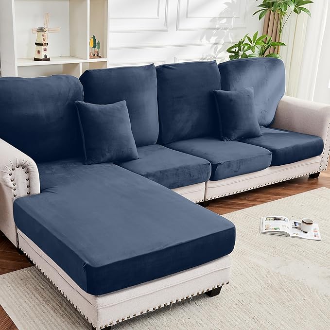 Couch Cover 8-Piece Elastic Velvet Couch Cushion Covers & Chaise Slipcovers for L-Shaped Sofas, Sofa Seat Covers Washable, Soft Cover for Couches (7 Seater + Chaise, Berlin Blue)