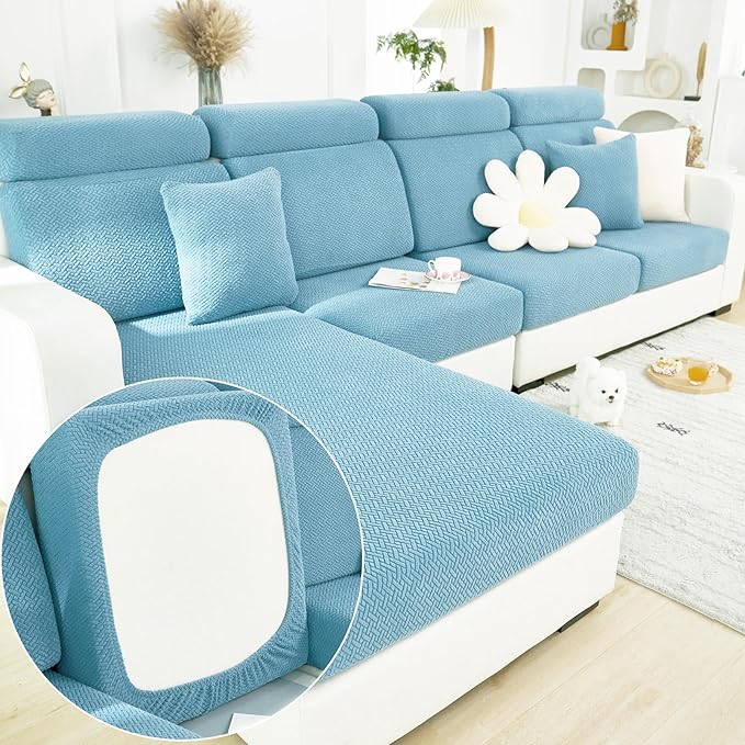 Couch Cushion Covers for Sofa Couch Covers Wear-Resistant Universal Sofa Cover Washable Stretch for Sectional Slipcovers (Texture-Sea Blue,Chaise Cover)