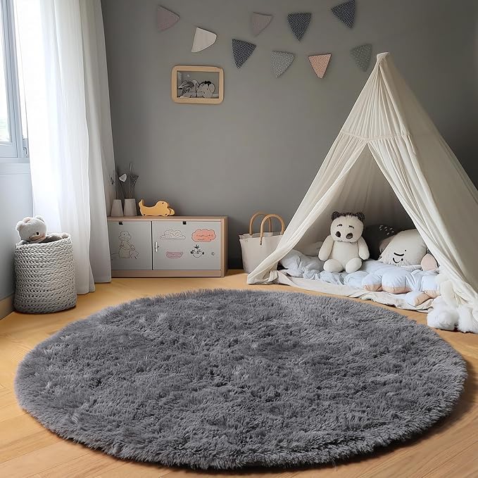 ONASAR Grey Round Rugs 7ft for Living Room, Fluffy Bedroom Circle Area Rug, Soft Plush Shaggy Carpet for Kids Girls Boys Teen Nursery Dorm Classroom Playroom Home Decor Aesthetic