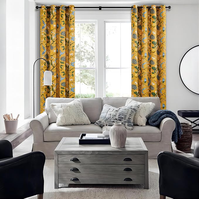 Extra Long 120 Inches Curtains for Large Window Luxury Mustard Yellow Floor To Ceiling Blackout Vintage Floral Hummingbird Fancy Grommet Drop Cloth Damask Drape for Living Room Dining 2 Pages 10 FT