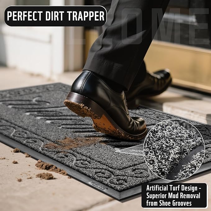 Yimobra Welcome Mat, Heavy Duty Sturdy Door Mats for Home Entrance Outdoor Indoor, Front Doormat for Outside Patio Floor Entry Porch Garage Office, Waterproof, Low Profile, 29.5x17, Black Grey