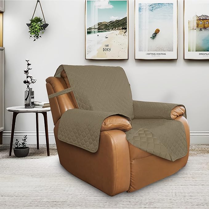 ISSUNTEX Double Protection 100% Waterproof Recliner Covers for Living Room, Reversible Furniture Protector Recliner Couch Sofa Slipcover for Dogs, Pets, Kids (Oversized Recliner, Beige/Beige)